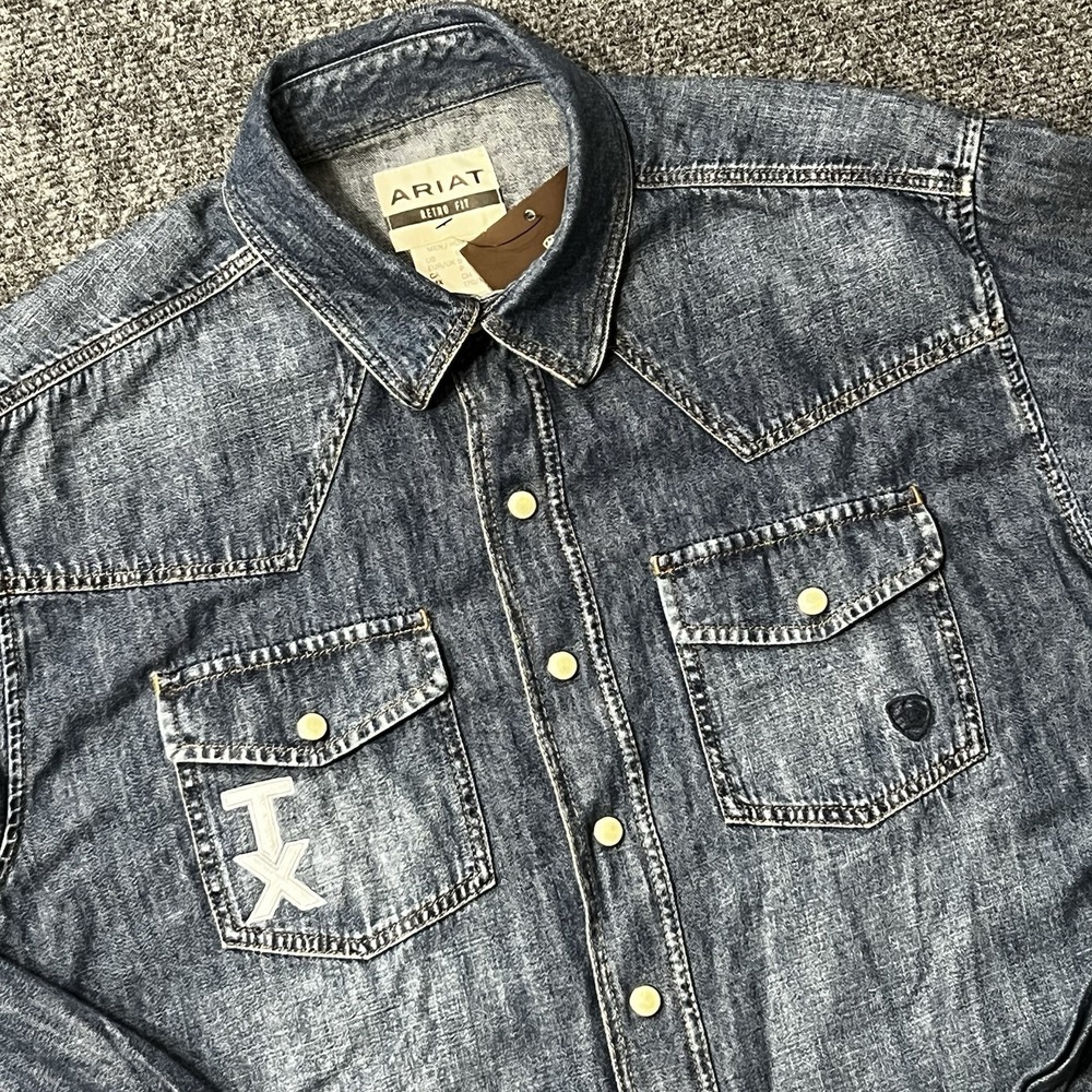 Ariat Shirt Mens Small Denim Retro Fit Pearl Snap Western Long Sleeve NEW